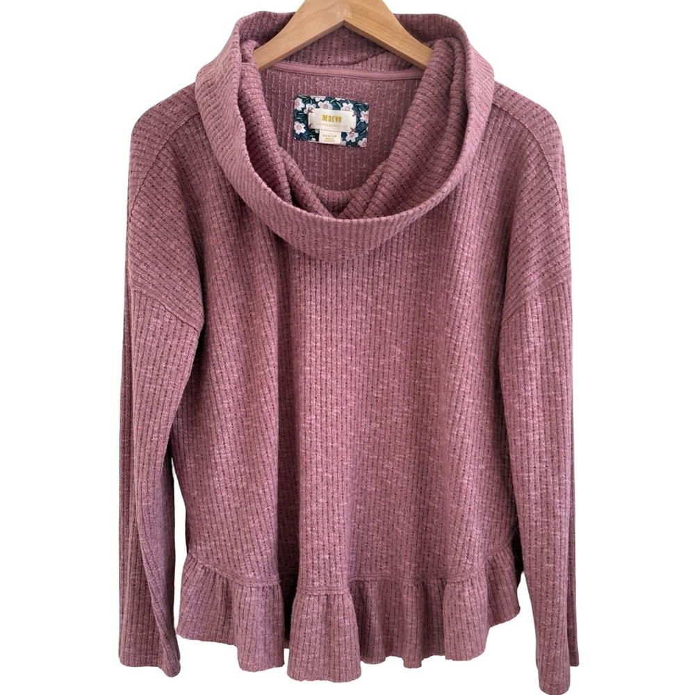 Anthropologie Maeve Sweater with Ruffle Hem Cowl Neck Medium M‎ Pink Dusty Rose